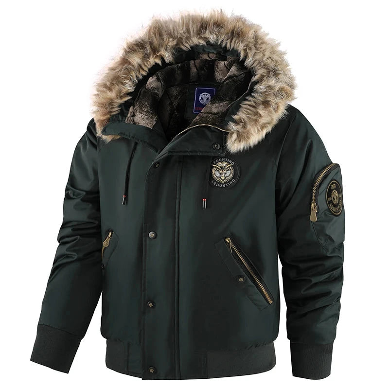 Men's Winter Black Aviator Jacket with Detachable Faux Fur GlowCart