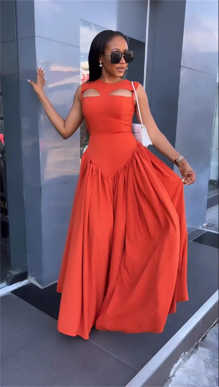 Dresses Pullover Hollow Solid O Neck Women Dress Sleeveless High Street Sexy Ankle Length Vestidos Loose Fit Shirring 2024 GlowCart