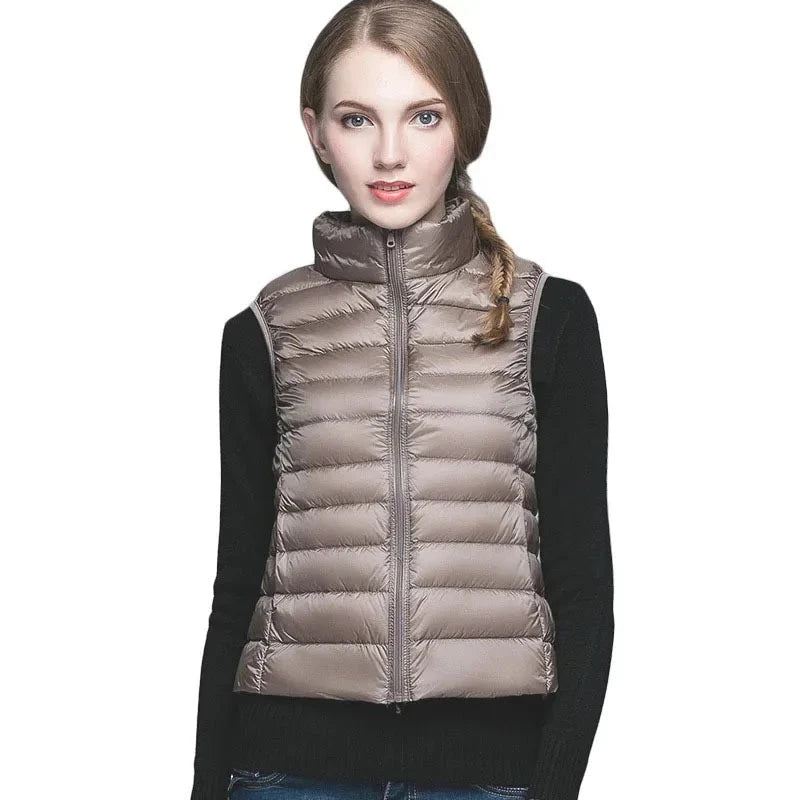 White Stand Collar Women's Sleeveless Down Vest Coat Winter GlowCart