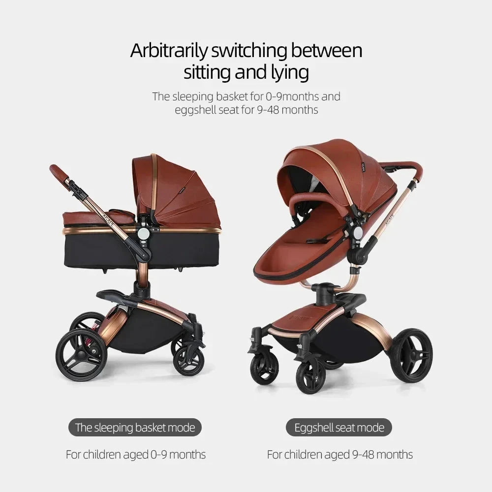 Landscape baby carriage PU leathe Baby stroller 3in1 Two-way High r Foldable shock-absorbing eggshell stroller 2in1 GlowCart