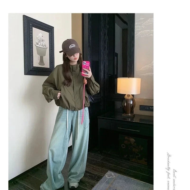 Military Green Stand Collar Short Windbreaker Women Early GlowCart