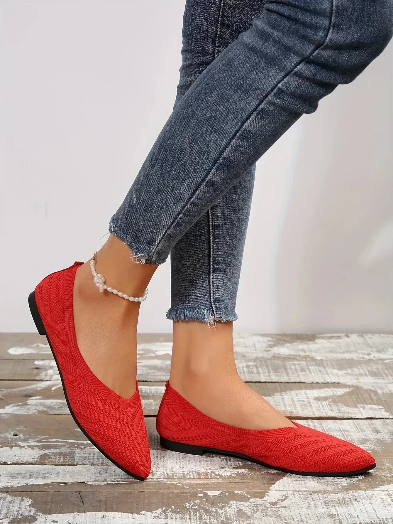 New 2024 Pointed Toe Flat Office Boat Solid Color Knitted GlowCart