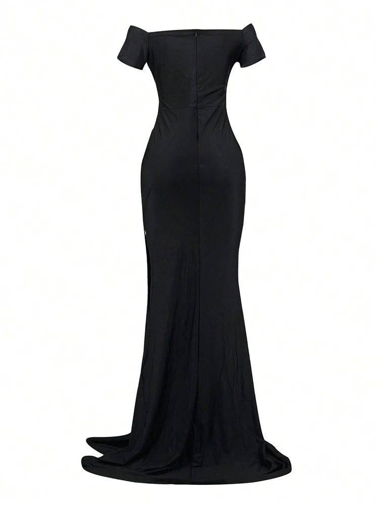 Classic High Slit Evening Dress Women Solid Maxi Long Dresses With Sleeves Wedding Bridesmaid Elegant Party Dresses 2025 Woman GlowCart