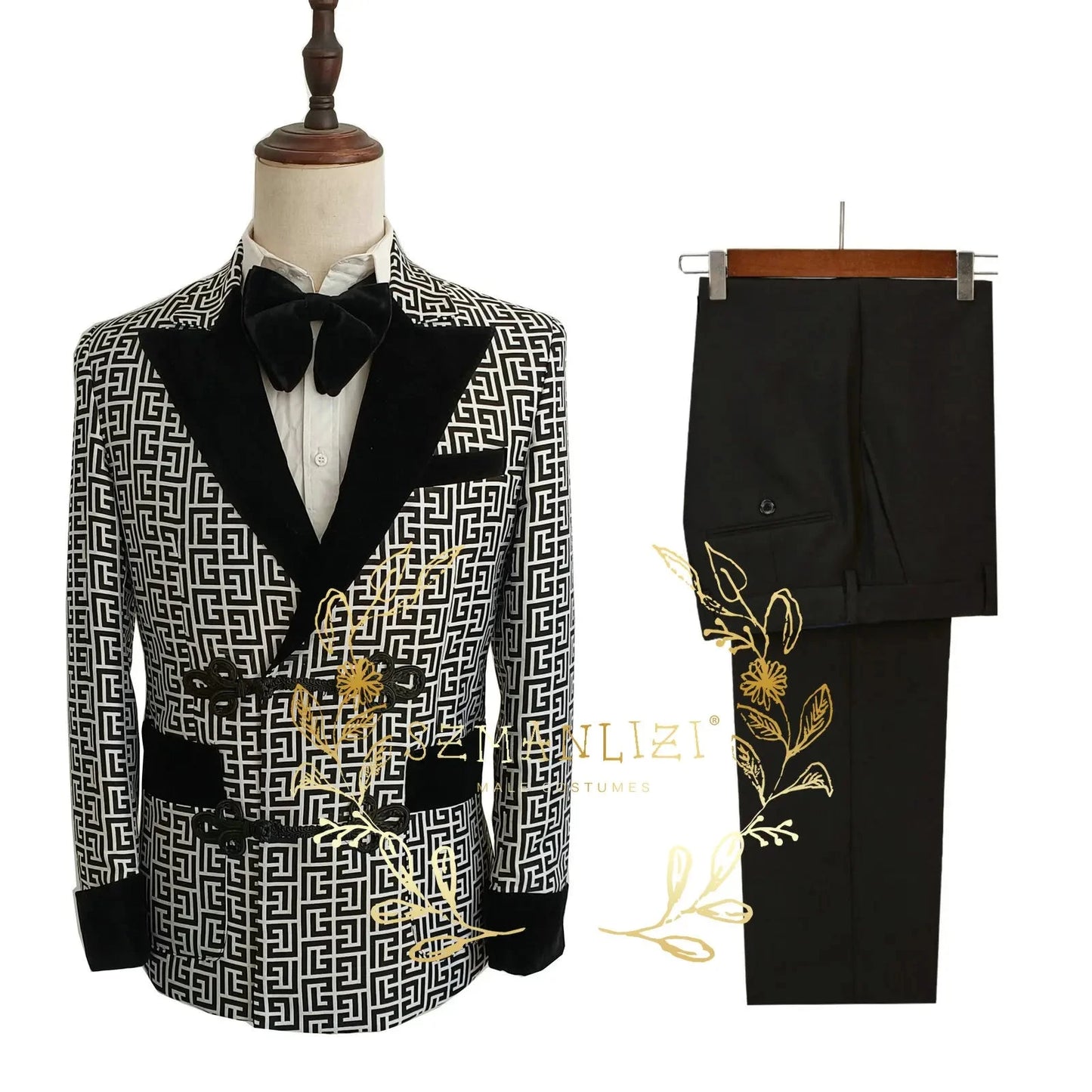 Latest Design Men's Suit Houndstooth Jacket Black Pants 2 GlowCart