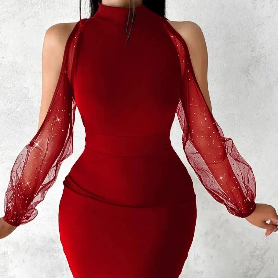 Contrast Mesh Lantern Sleeve Dress, Elegant Plunging Neck GlowCart