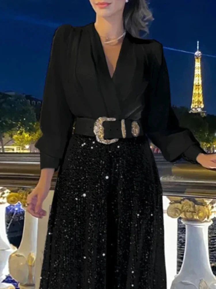 BWQ Splice Sequins Maxi Dresses For Women Fashion Folds GlowCart