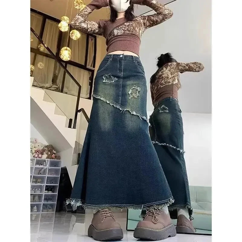 High Waist American Retro Torn Denim Skirt Women's Mid-Length A- Line Fish Tail Skirt Autumn Season Fashion Sensation GlowCart