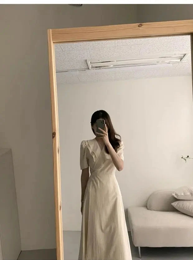 Summer New Chic V-ne Turn-down Collar Slimming Waist Midi Dr GlowCart