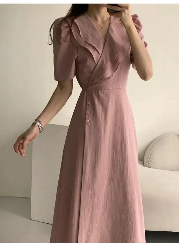 Summer New Chic V-ne Turn-down Collar Slimming Waist Midi Dr GlowCart