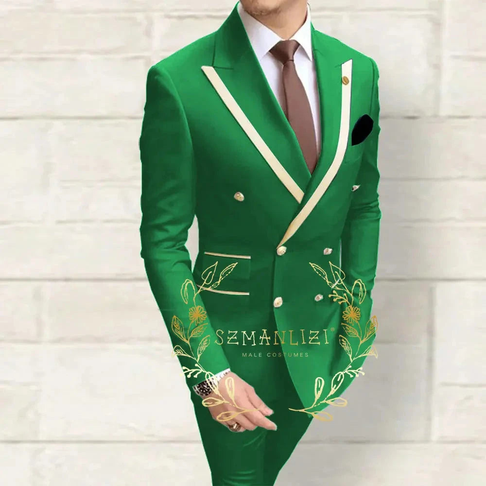 Double Breasted Men's Suits Navy Blue Peaked Lapel Slim Fit GlowCart