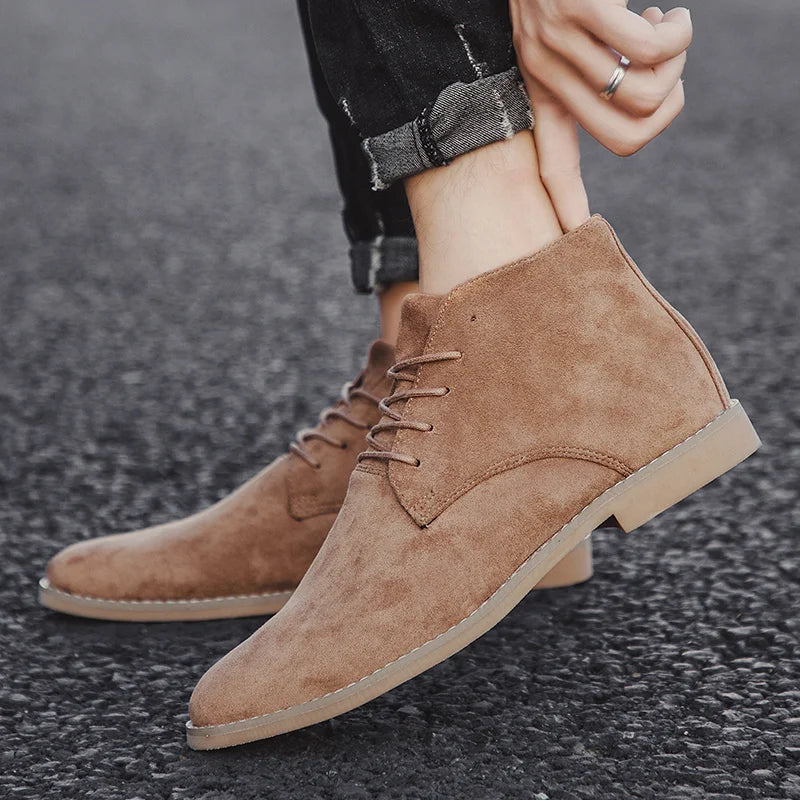 Fashion Khaki Chelsea Boots Men British Style Suede Leather Shoes Men Pointed -toe Men Dress Boots High top Design Ankle Boot GlowCart