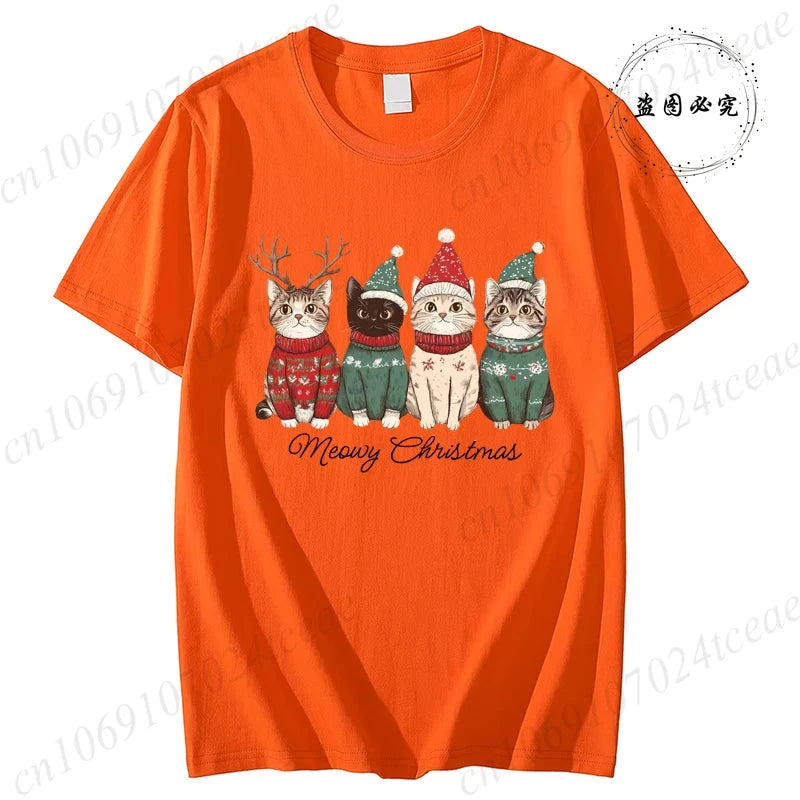 Meowy Christmas Cat Print Women Fashion T Shirt Girl O Neck GlowCart