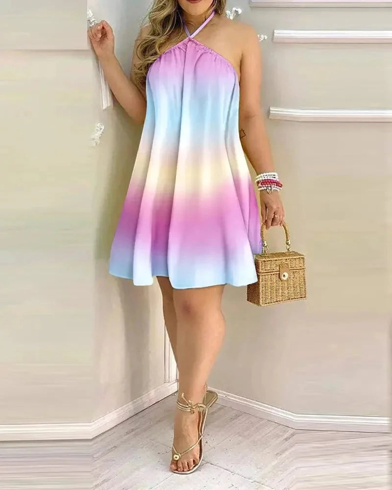 Tropical Print Halter Neck Dress, Vacation Style Backless GlowCart
