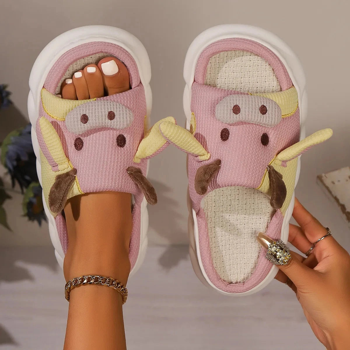 Cartoon Cute Cow House Slippers Women Platform Soft Sole GlowCart