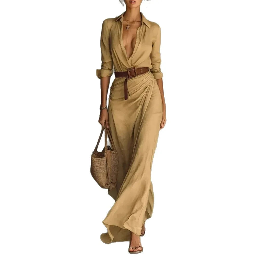 2025 New Autumn Woman Sexy Deep V Neck Hollow Long Dress GlowCart