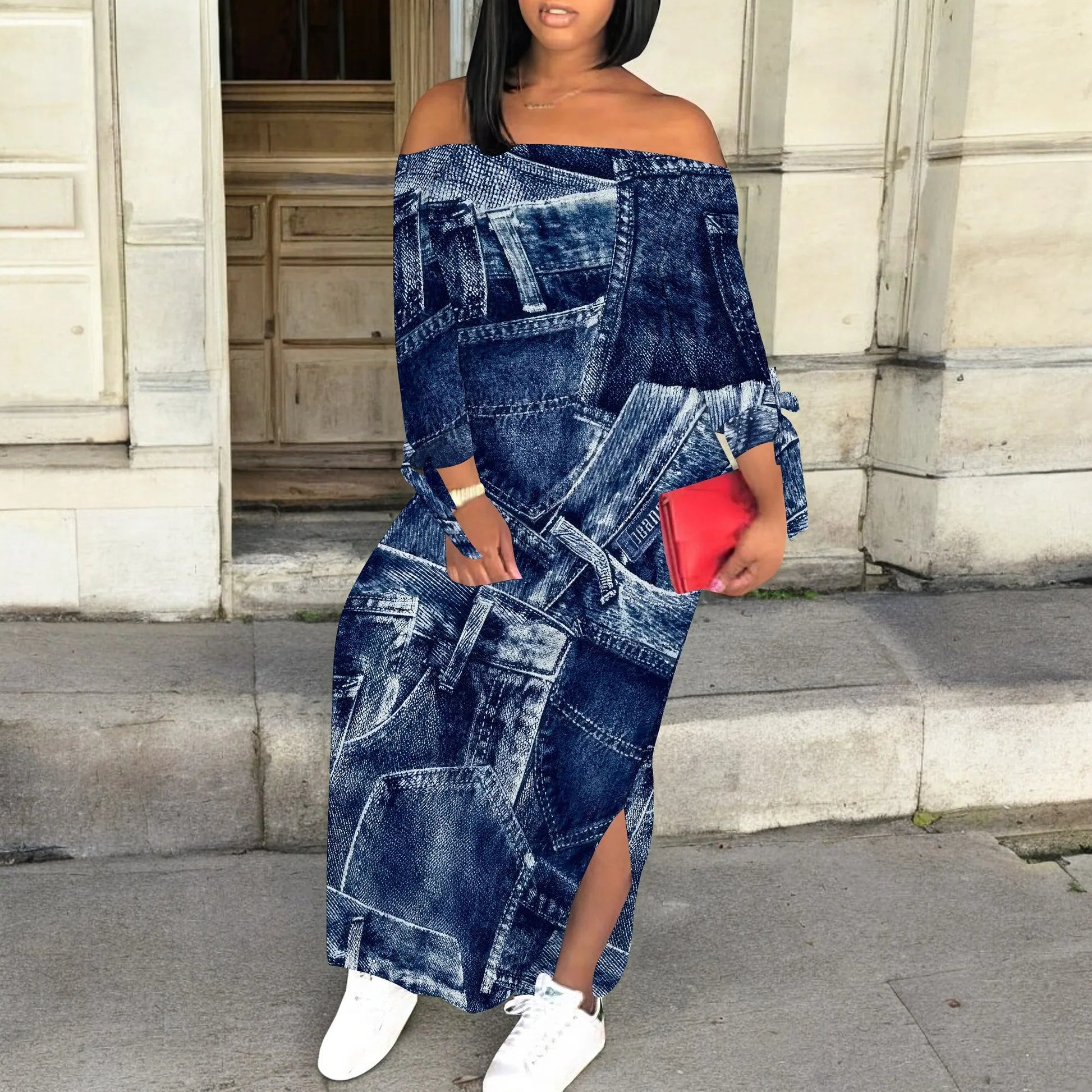 Denim Retro Print Long Sleeve Slim Fit Elegant Casual Slit One-Shoulder Neck Dress GlowCart