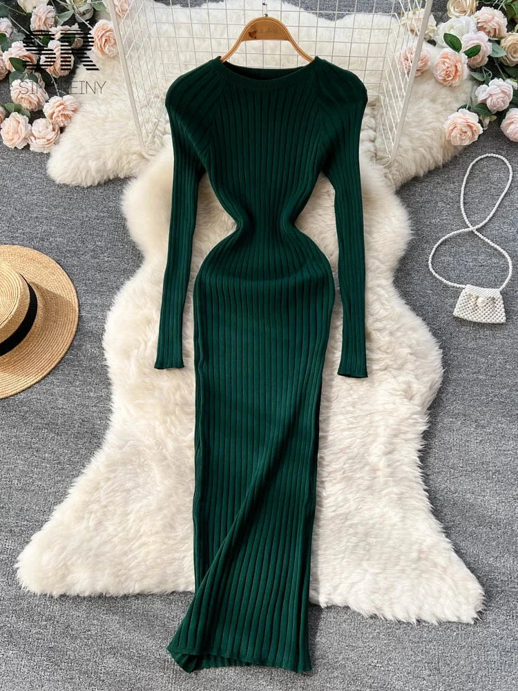SINGREINY Winter Women Knit Maxi Dress O Neck Autumn Long GlowCart