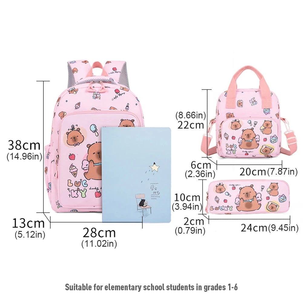 3in1 School Backpack Set Nylon Cute Bookbag Going Out Cartoon Laptop Travel Bag Breathable Back Large Capacity Cute Capybara Bag GlowCart