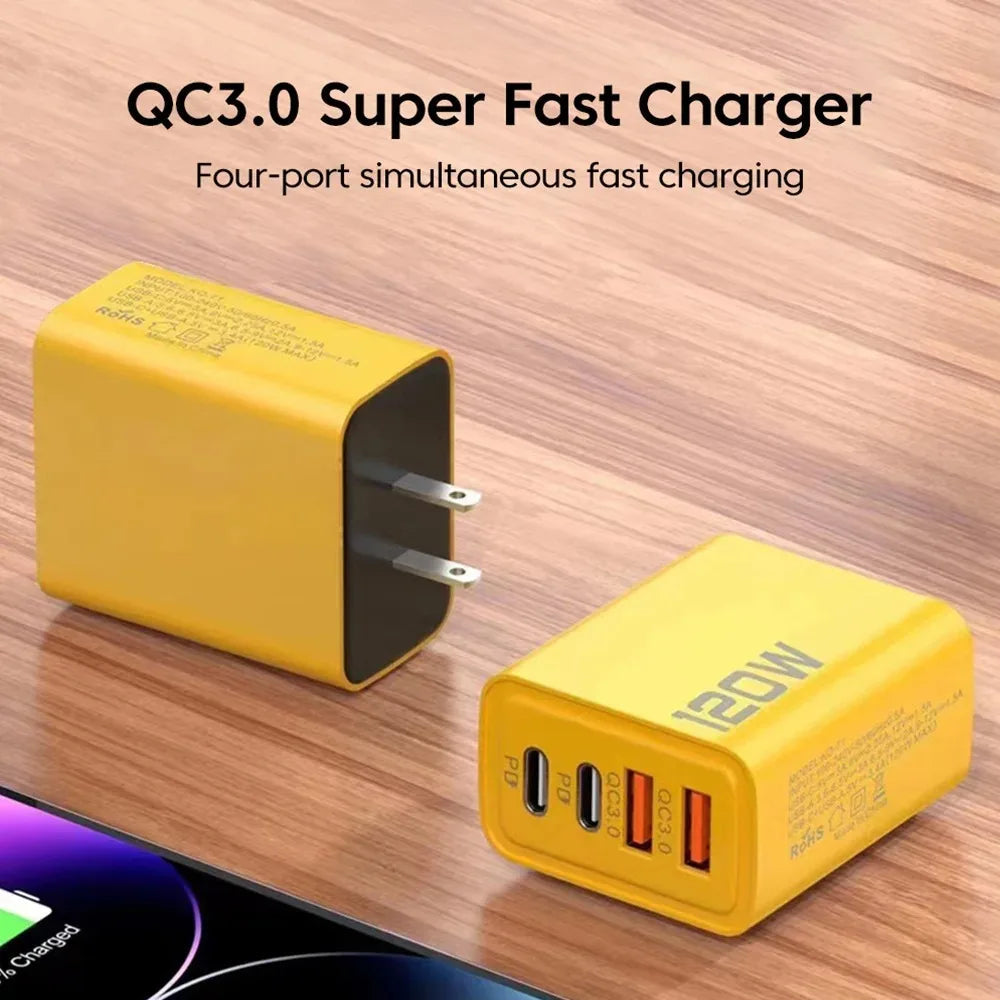 4 Ports USB C PD Charger Quick Charge 3.0 Type C USB Phone Chargers Fast Charging Adapter For iPhone 16 15 Samsung Xiaomi Huawei GlowCart