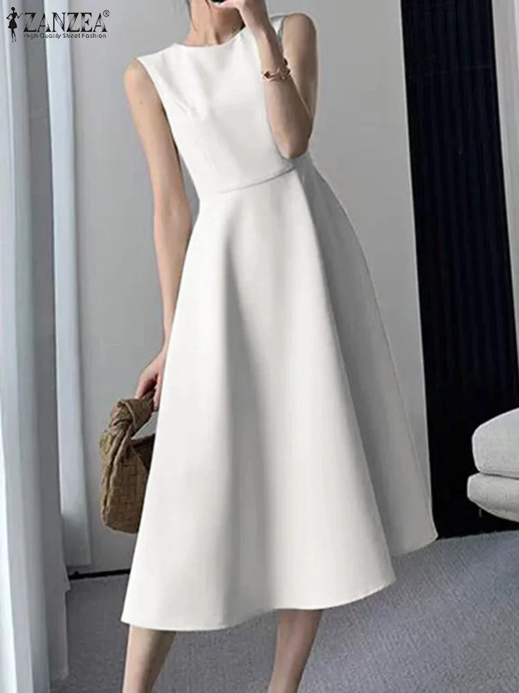 ZANZEA Women Sleeveless Pleated Dress 2025 Summer Korean GlowCart