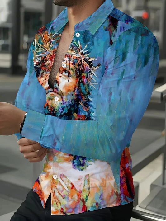 Men's long-sleeved shirts with bold abstract prints - bright GlowCart