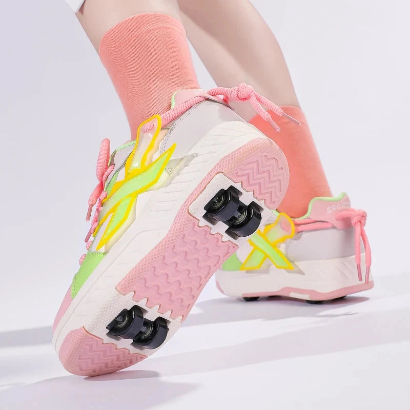 Fashion Children Quad Wheel Skates Runaway Shoes Comfortable Sports Roller Skates Shoes Low Top Skating Skates Shoes with Wheels GlowCart