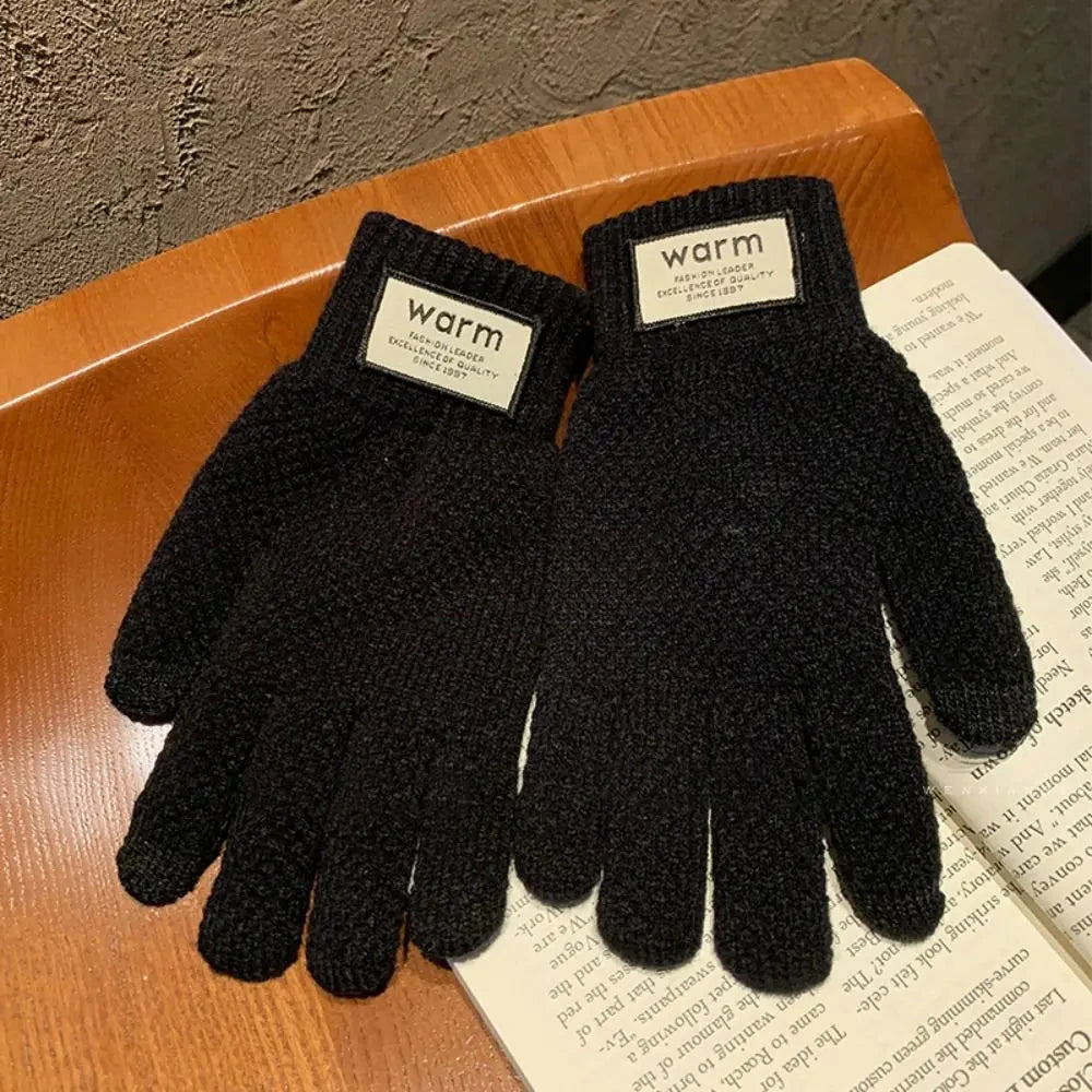 New Men Winter Warm Knitted Gloves Windproof Solid Color Touch Screen Gloves Thickened Plush Cycling Gloves GlowCart