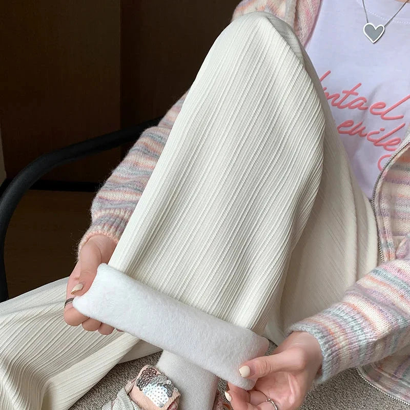 Autumn and Winter Fleece-lined Wide Leg Pants Women's High GlowCart