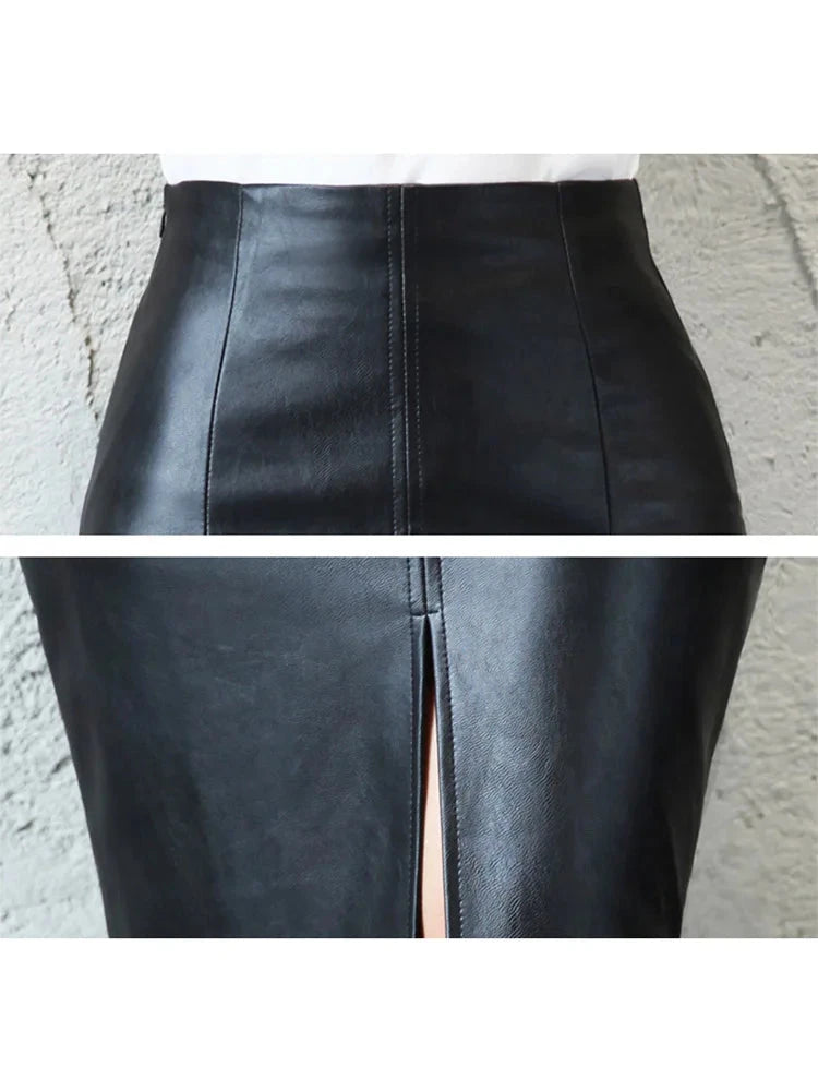 Women PU Leather Midi Skirt Autumn Winter Ladies Package Hip Front or Back Slit Pencil Skirt GlowCart