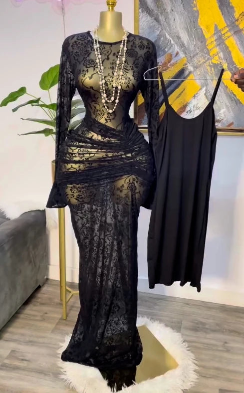 CM.YAYA Women Long Sleeve Stacked Mesh See Though with Lining Bodycon Long Dress 2025 Autumn Evening Birthday Sexy Party Dresses GlowCart