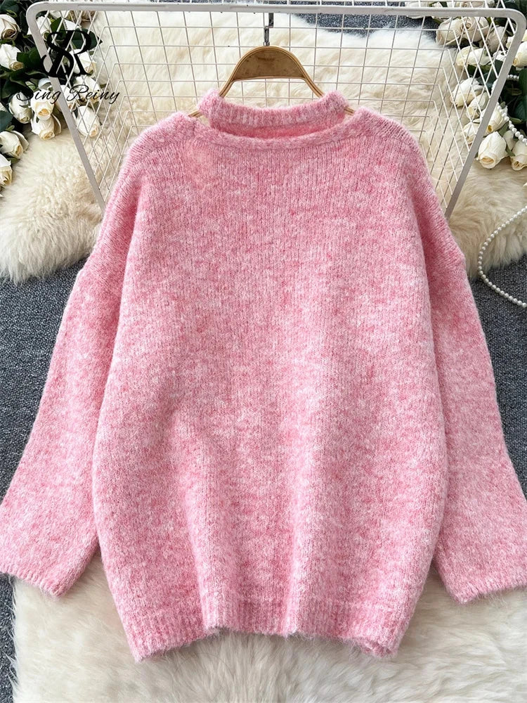 SINGREINY Fashion Solid Cashmere Sweater Long Sleeves Loose GlowCart