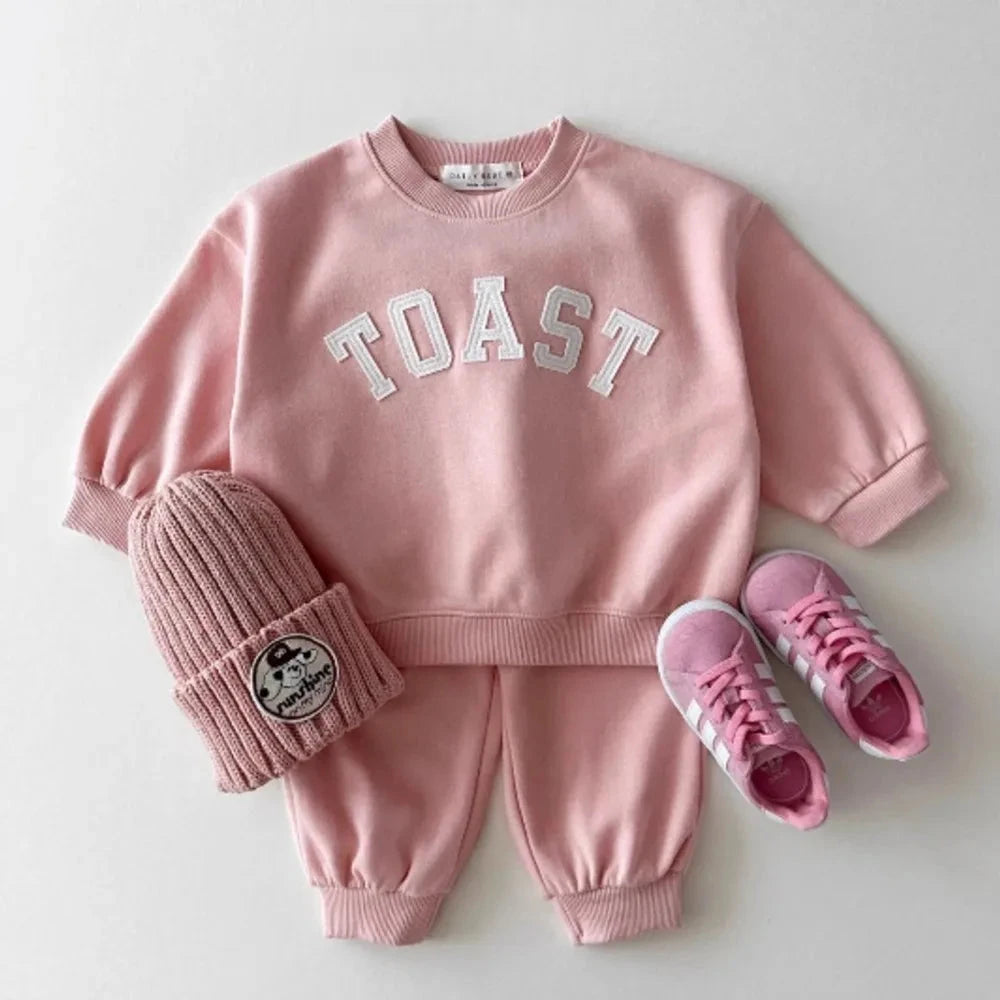 TZ2709 Korean Style Kids' Spring Autumn Casual Sports Outfit for Boys And Girls American Letter Hoodie And Pants Two-Piece Set GlowCart