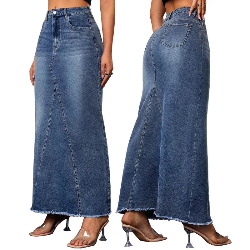 Skirts Women Denim Long Skirt Hip Wrap High Waist Stretch Pockets Washed Female Summer Streetwear Vintage A Line Distressed 2025 GlowCart