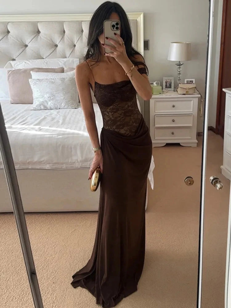 Mozision One Shoulder Lace See Through Sexy Maxi Dress Women GlowCart