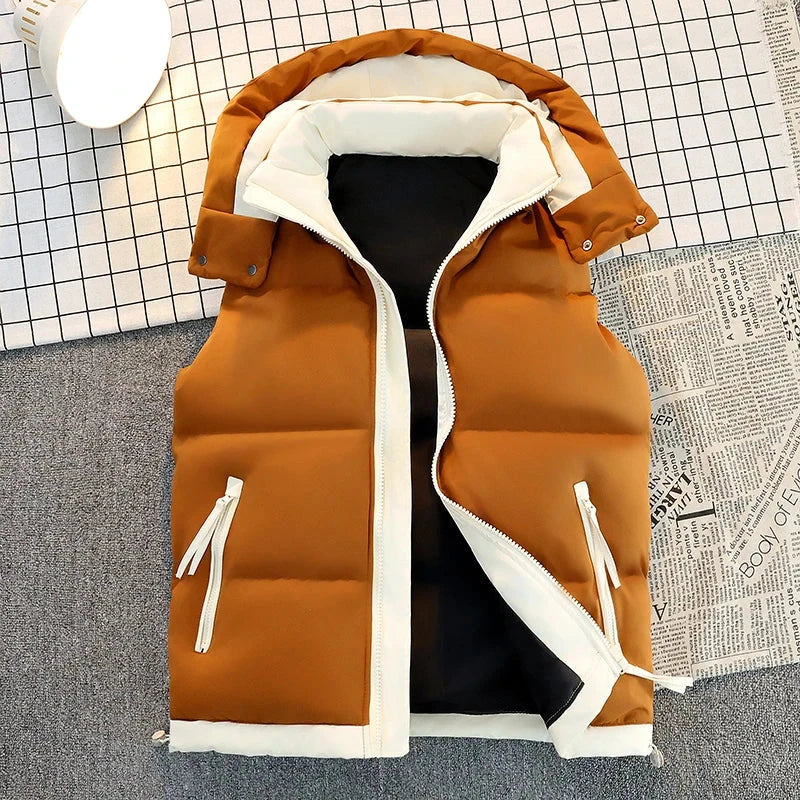 Men's Casual Color-Block Puffer Vest - Removable Hood, GlowCart