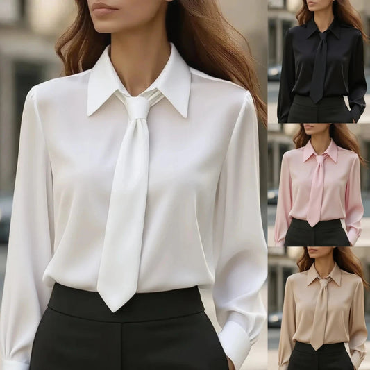 Women's Solid Color Satin Tie Long Sleeve Casual Shirt Work GlowCart