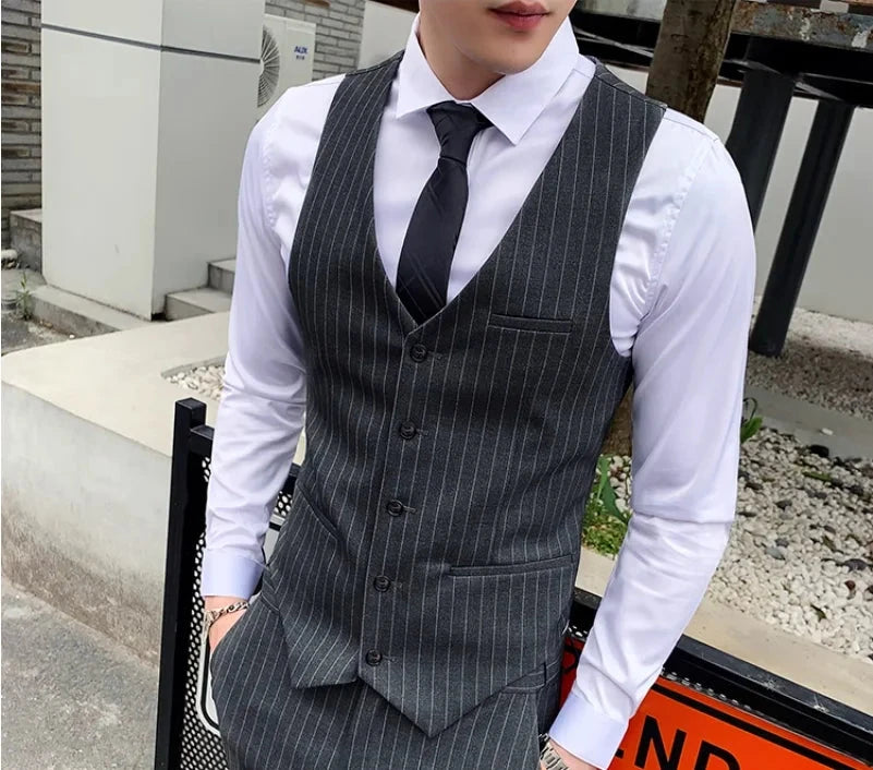 Fashion Men Business Checkered Striped Suit Vest Black / GlowCart
