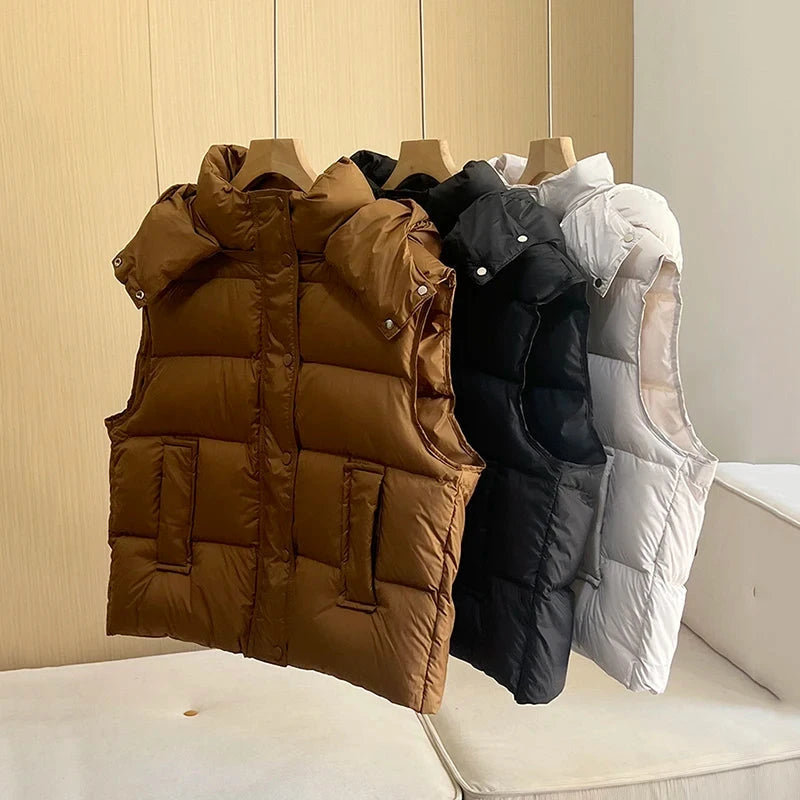 Autumn Winter Fluffy Puff Hooded Down Vest Female Drawstring GlowCart