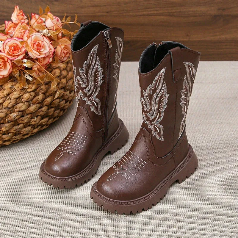 Children Leather Boots Classic Cowboy Embroidery Girls Long Booties Kids Winter Round Toe Soft Snow Shoes Fashion Snow Boots GlowCart