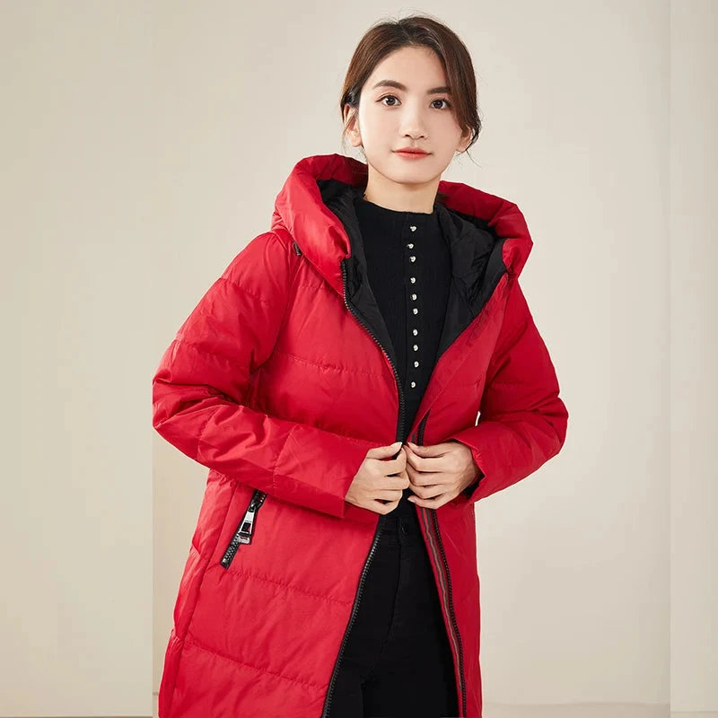 Chericom Women's Red Long Hooded Down Jacket Winter Hooded GlowCart