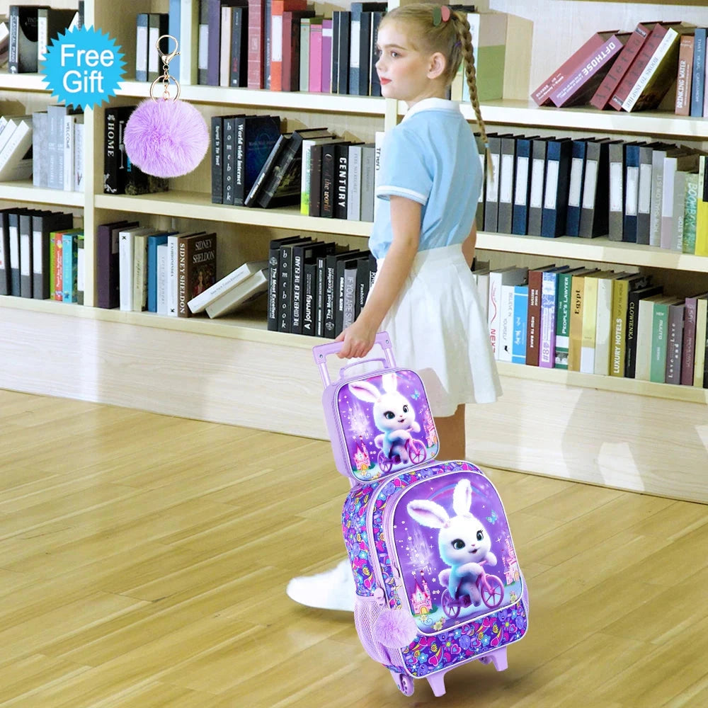 3PCS Rolling Backpack for Girls and Boys, Kids Roller Wheels Bookbag, Wheeled Elementary School Bag with Lunch Bag GlowCart