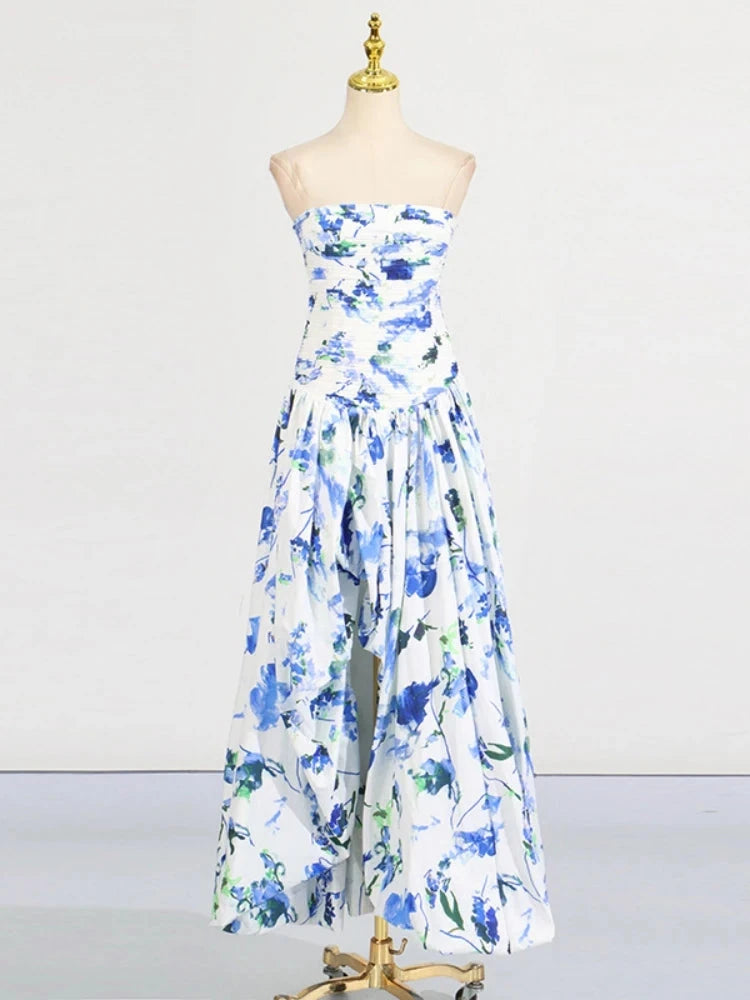 Sexy Strapless Printed Split Deign Long Bubble Dress Women GlowCart