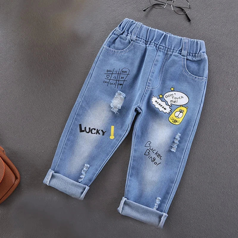 Children Jeans  Boys Cotton Print Splice Stretch Denim Pants Korean Teenage Trousers Wear Kids ClothingDenimRipped Spring Autum GlowCart