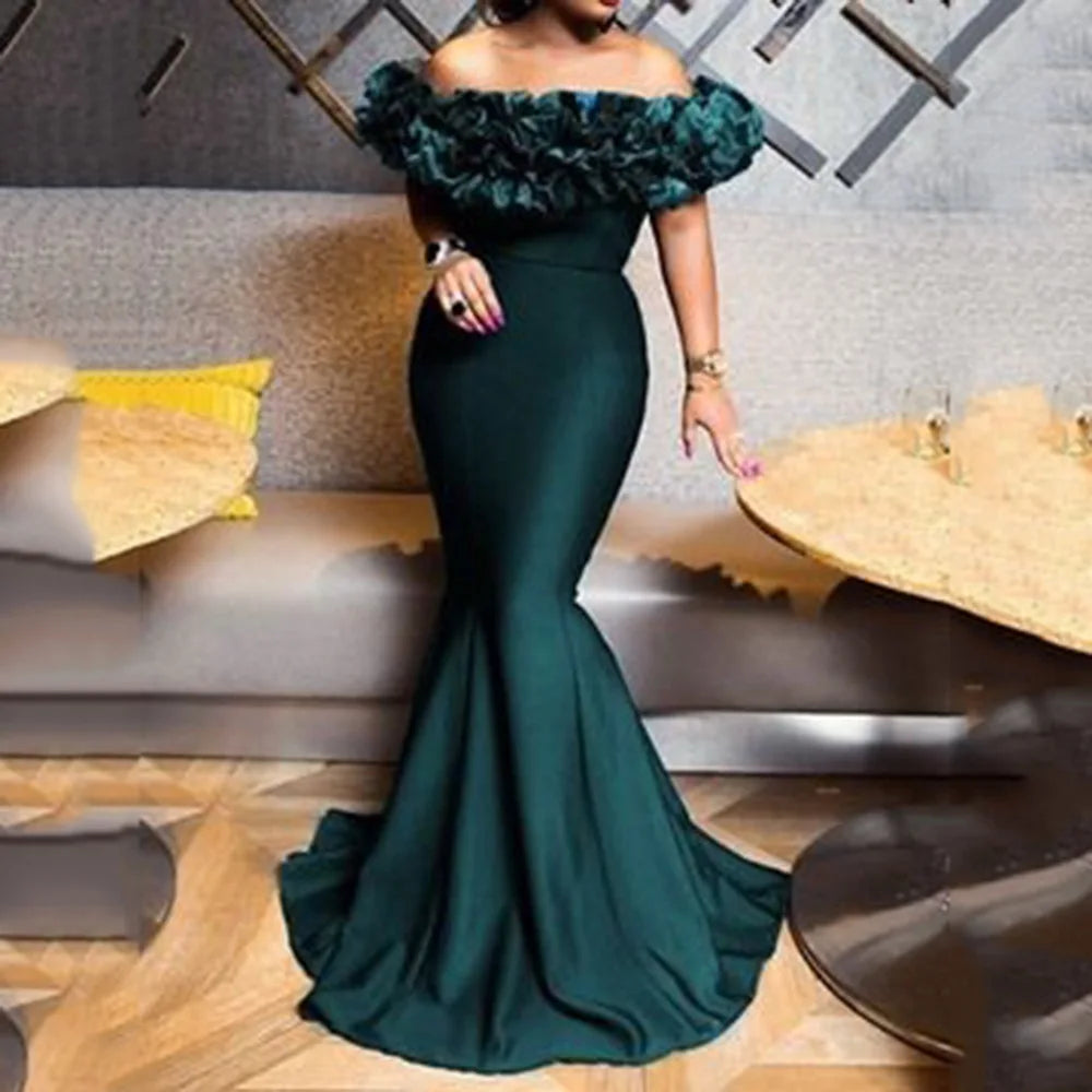 CM.YAYA Winter Women Slash Neck Sleeveless Ruffles Empire Dress Sexy Evening Party Night Mermaid Maxi Long Bandage Dresses GlowCart