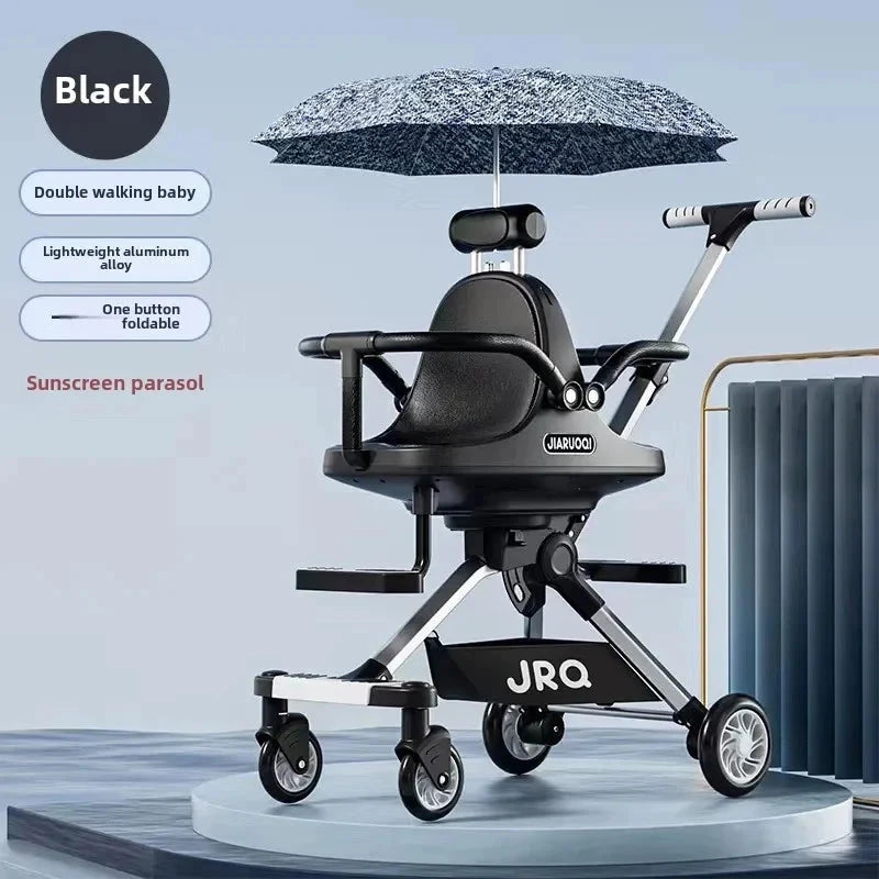 Double Baby Stroller Trolley Car Portable Folding Stroller Two Kids Child Trolley Pushchair Baby Light Stroller with Parasol GlowCart