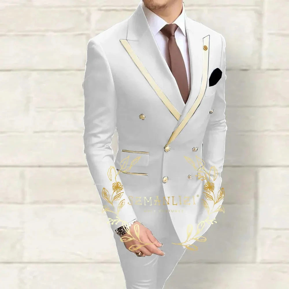 Double Breasted Men's Suits Navy Blue Peaked Lapel Slim Fit GlowCart