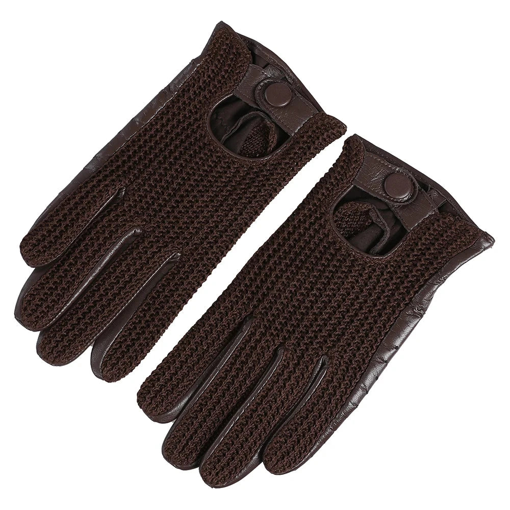 Men's Genuine Leather Driving Gloves motorcycle Fingerless Glove Sheepskin With Cotton Crochet GlowCart