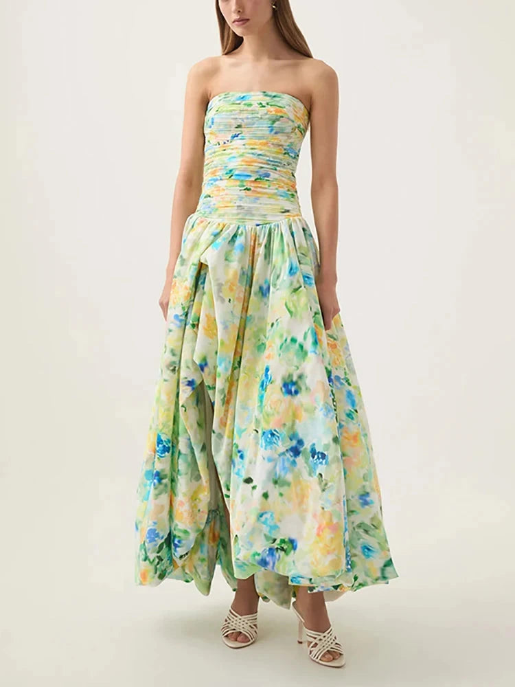Sexy Strapless Printed Split Deign Long Bubble Dress Women GlowCart