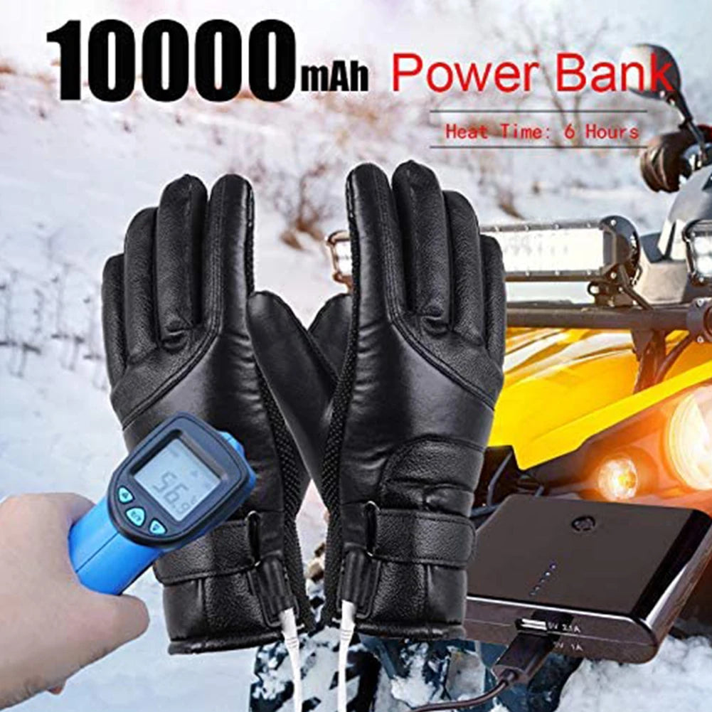 Leather Thermal Heated Gloves Waterproof Outdoor Cycling Thermal Bike Gloves Touchscreen Hand Warmer for Hiking Skiing Fishing GlowCart