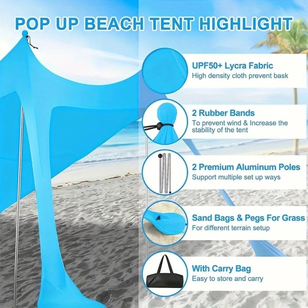 Pop-up beach tent Sunshade UPF50+ with ground nails and GlowCart